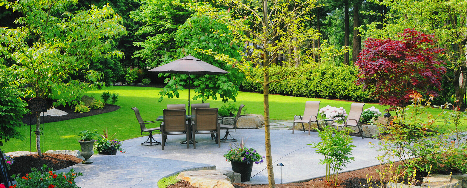 backyard patio with patio furniture, green grass and trees