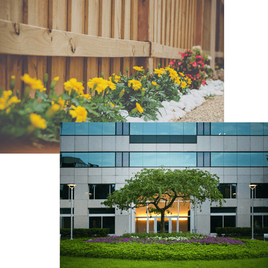 dual photo with fence and commercial building